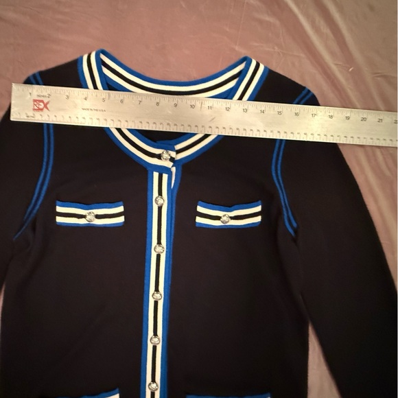 Talbots Black Silver Button Cardigan Sweater w/ Blue/White Trim Size Medium - Picture 7 of 9